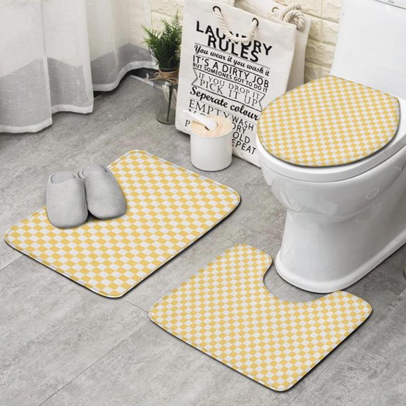 Yellow and White Checkerboard Pattern Bathroom Rugs Sets 3 Piece,Toilet Cover Set,Absorbent Non Slip Bathroom Mats Sets with U-Shaped Contour Rug Toilet Rug Set