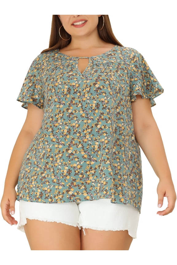 Women's Plus Ruffle Short Sleeve Keyhole Chiffon Blouse Top Grey green 3X