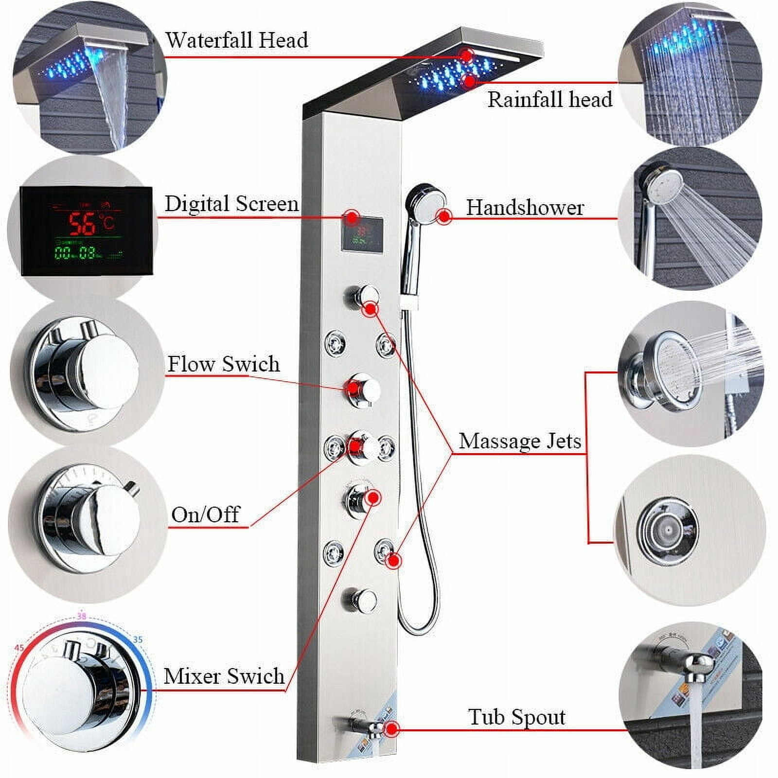 Shower Panel Tower System Stainless Steel 6-Function Faucet LED Rain&Waterfall