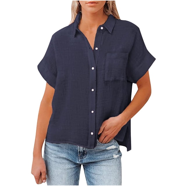 Timegard Womens Cotton Linen Button down Shirts Lapel V-Neck Short Sleeve Solid Color Casual Loose Tops