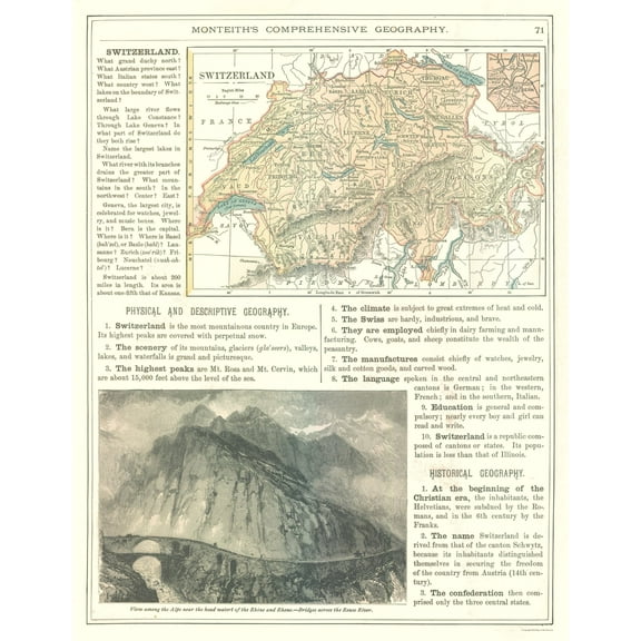 Historic Map - Switzerland - Monteith 1882 - Vintage Wall Art