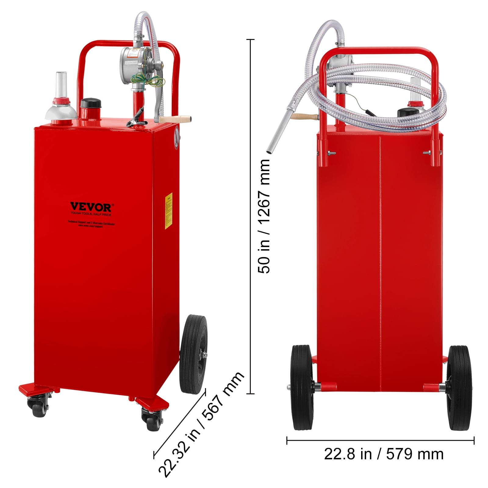 VEVOR Fuel Caddy, 35 Gallon, Gas Storage Tank on 4 Wheels, with Manuel Transfer Pump, Gasoline Diesel Fuel Container for Cars, Lawn Mowers, ATVs, Boats, More, Red