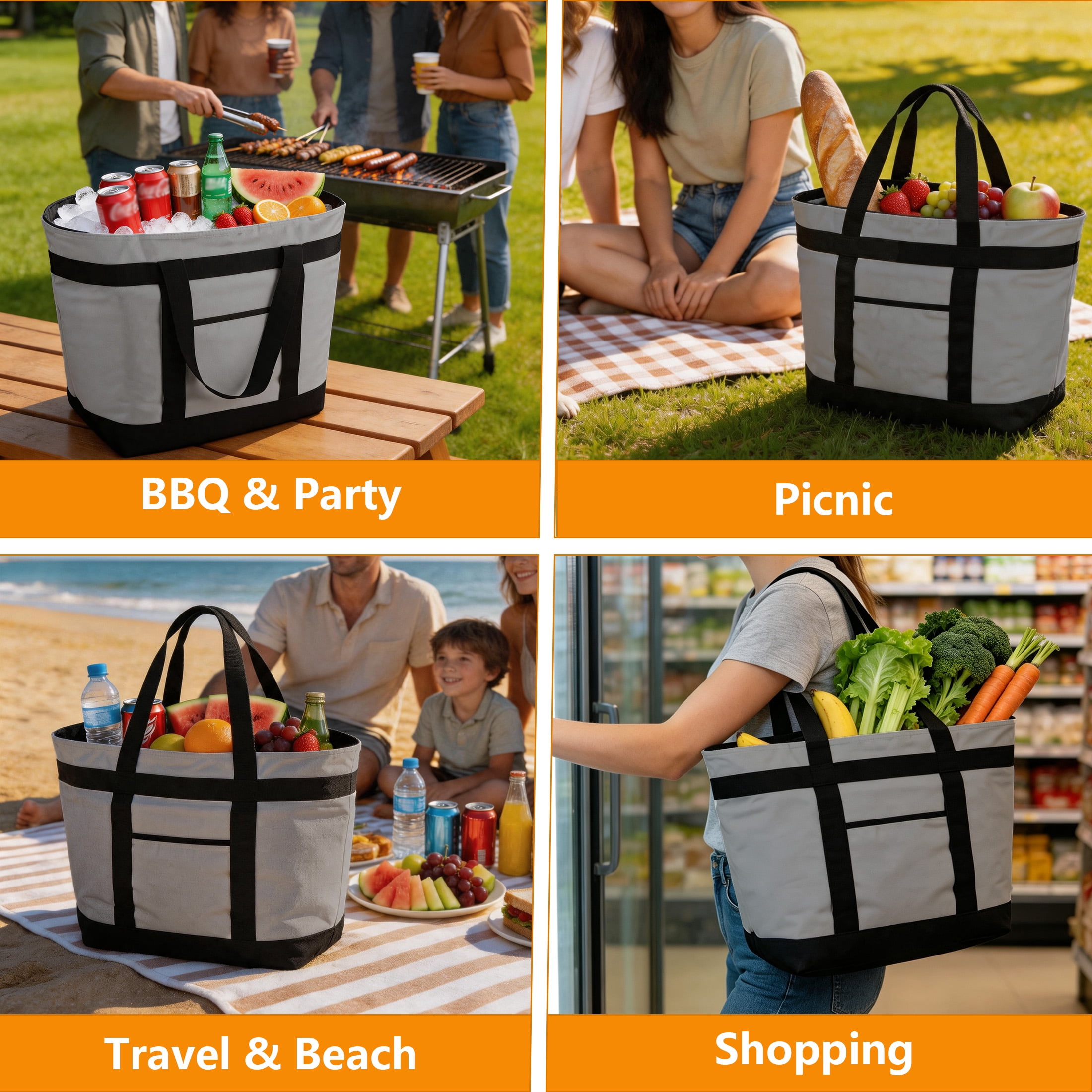 Insulated Cooler Tote Bag, 39L Large Collapsible Thermal Lunch Bag, Reusable Waterproof Grocery Shopping Bag for Picnic Beach BBQ Travel