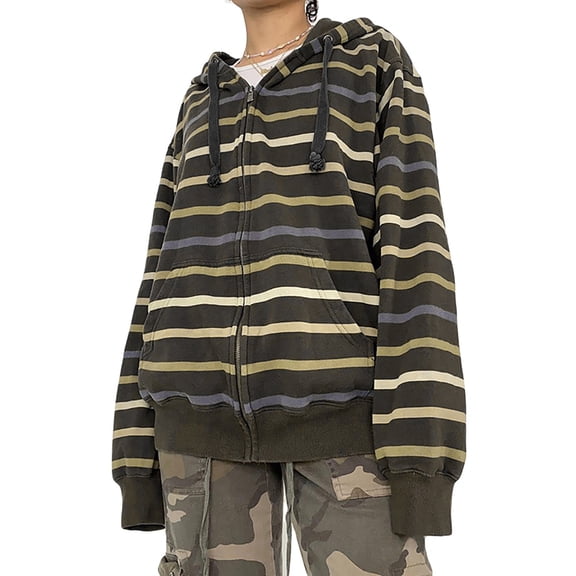 LMLYSoH Women Zip Up Drawstring Hoodie Casual Striped Long Sleeve Sweatshirt Jacket Autumn Streetwear