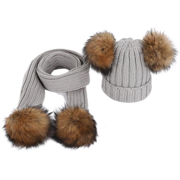 2pcs Women Men Slouchy Beanie Hat Long Scarf Set Winter Warm Fake Ball Pom Cap