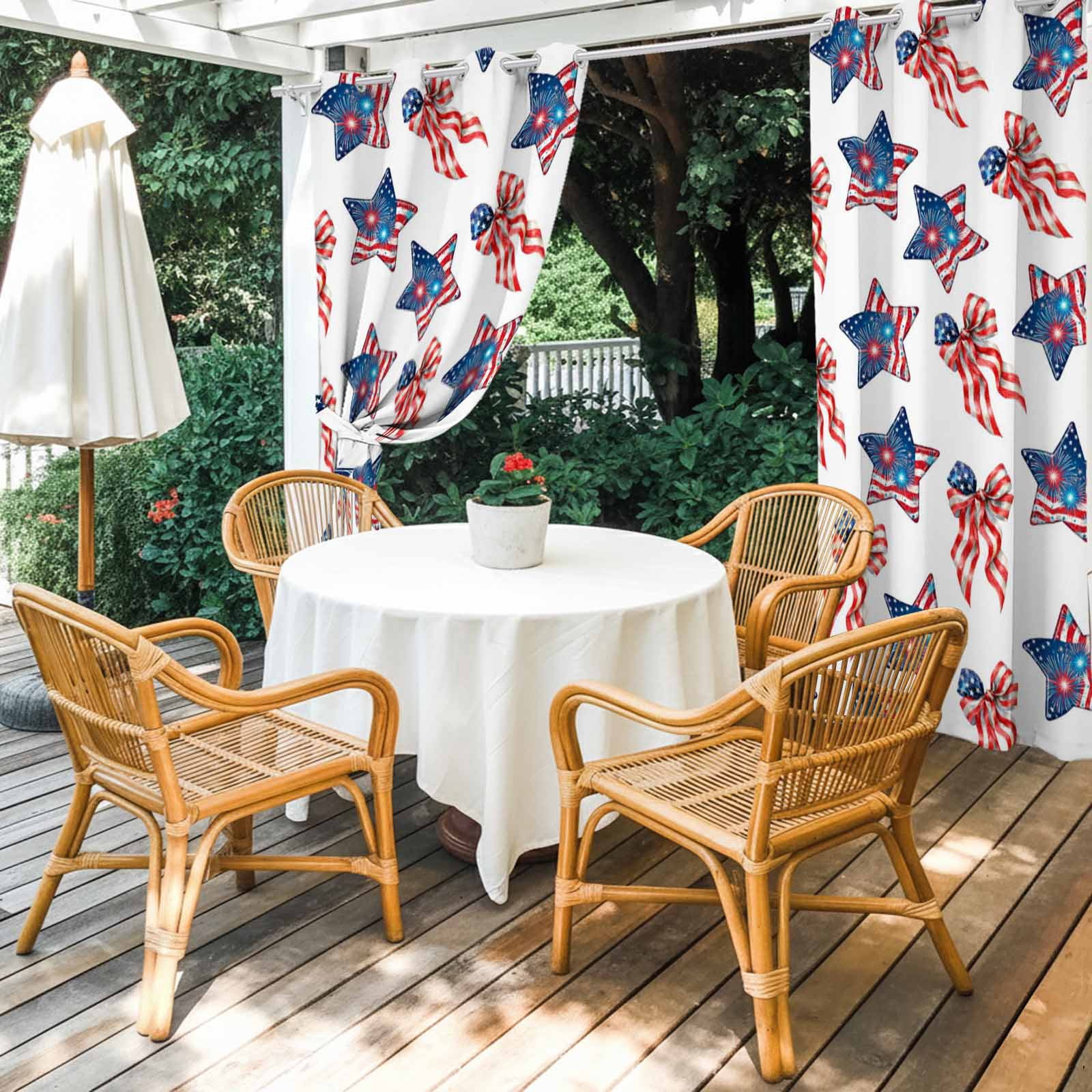 Independence Day Outdoor Curtains for Patio, US Flag Red Blue Stripe Patriotic Star Bow Fireworks Sunshade Privacy Drapes Grommet Waterproof Outside Curtains for Porch Balcony 54"x108", 1 Panel