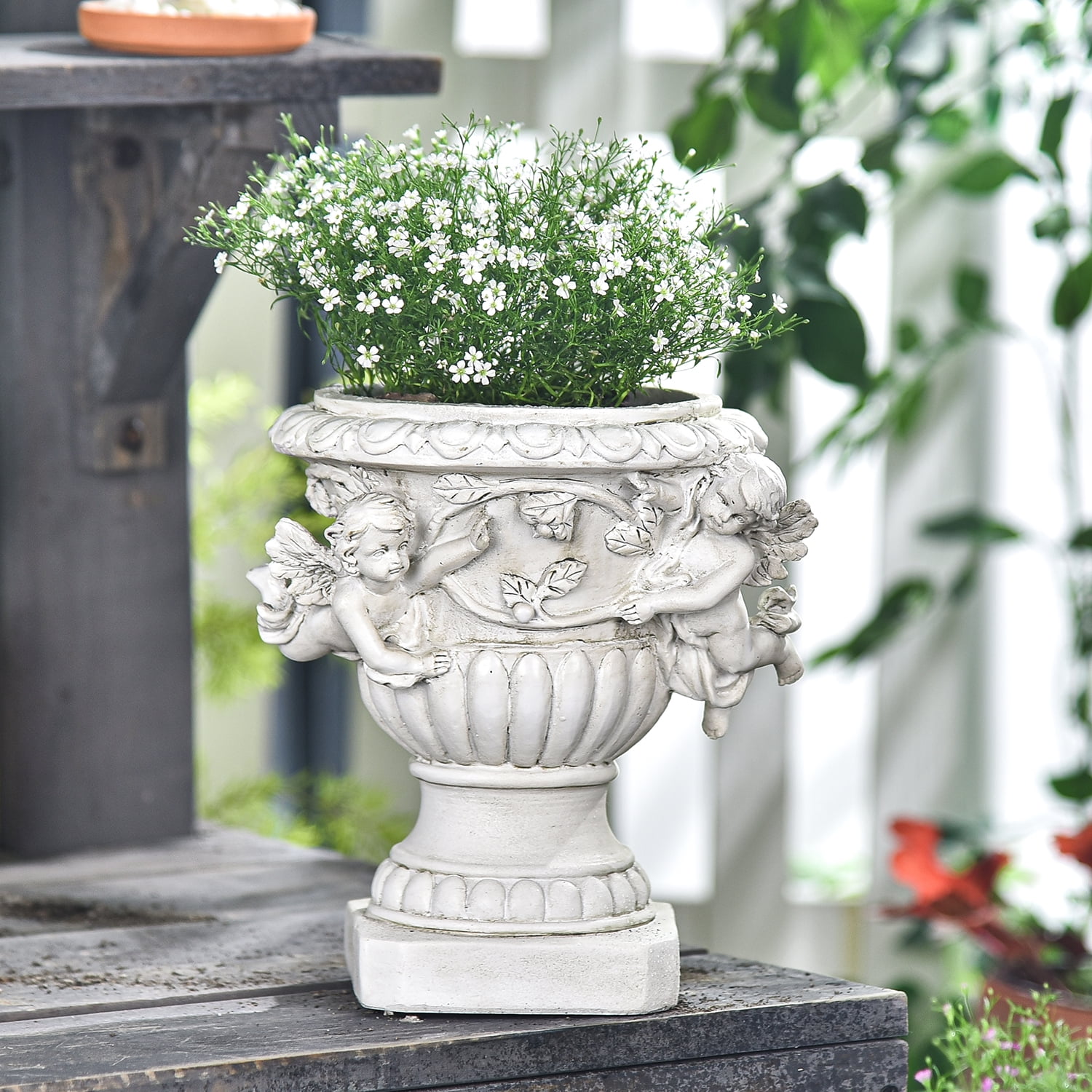 Sungmor Garden Cherub Urn Planter, Lovely Resin Angel Statue Flower Pots, Vintage European Style Planter, Rustic White Whimsy Fairy Decorative Plant Pot, Beautiful Pot for Indoor Outdoor Flowers