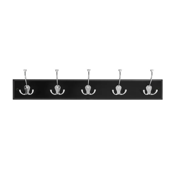Melannco 27X5 Inch Wall Mount MDF Coat Rack With 5 Silver Metal  Hooks Black