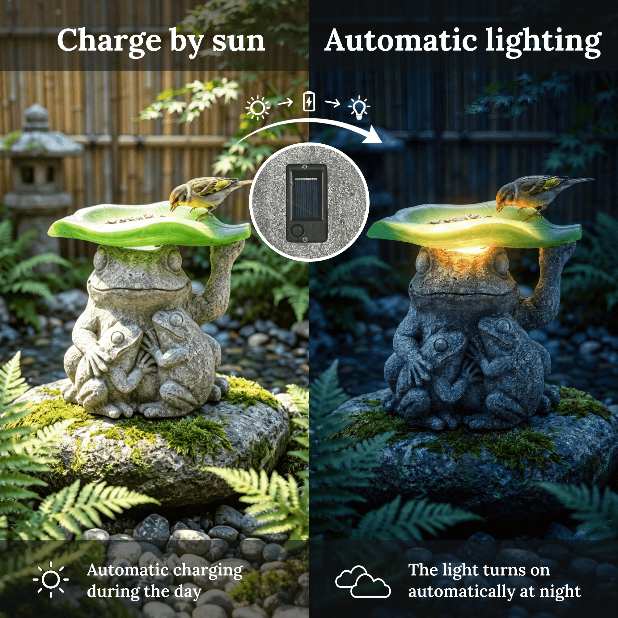 DAK Resin Solar Frog Garden Statue with Bird Feeder and LED Light, Frog Family for Yard Art Solar Garden Light for Patio Lawn Yard Decoration