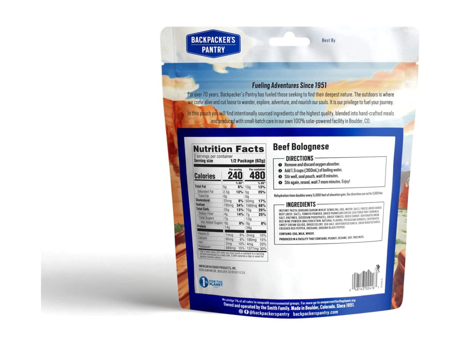 Backpacker's Pantry Beef Bolognese Dehydrated Food, 480 Cal, 28g Protein, Natura
