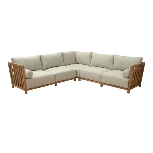 sala modular para exterior teras natural kessa muebles sofá modular en L 240 x 80 x 240 cm con estructura de madera de acacia en acabado natural y cojines en tela 100% olefina color grafito; vista 3/4 frontal, dos cojines cilíndricos en los extremos, fondo blanco neutro. Su tamaño compacto lo hace también adecuado para terrazas y áreas lounge pequeñas.