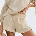 thumbnail image 5 of Women'S Shorts Set, Two-Piece, Long-Sleeved Tie-Dress Top and Ruffled Boxer Shorts, Matching Casual Set Khaki S, 5 of 7