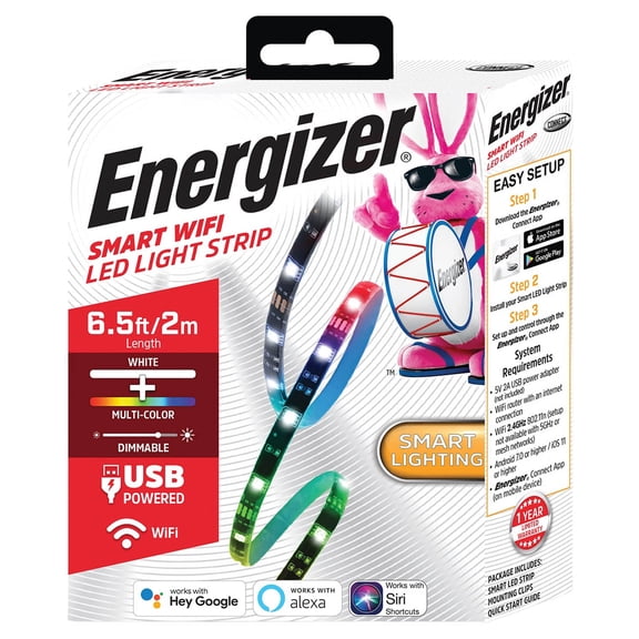 Energizer Smart WiFi LED Strip Lights, Dimmable Multi-Color & Bright White, 6.5 ft
