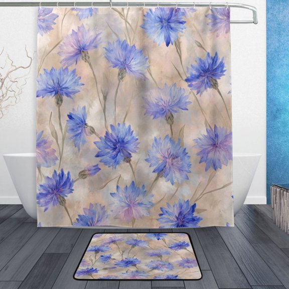 TTYFWHD 60" x 72" Shower Curtain and Bath Mat Set Elegant Blue-purple Cornflowers Waterproof Bathroom Curtain with 12 Hooks, Bathroom Decor Set