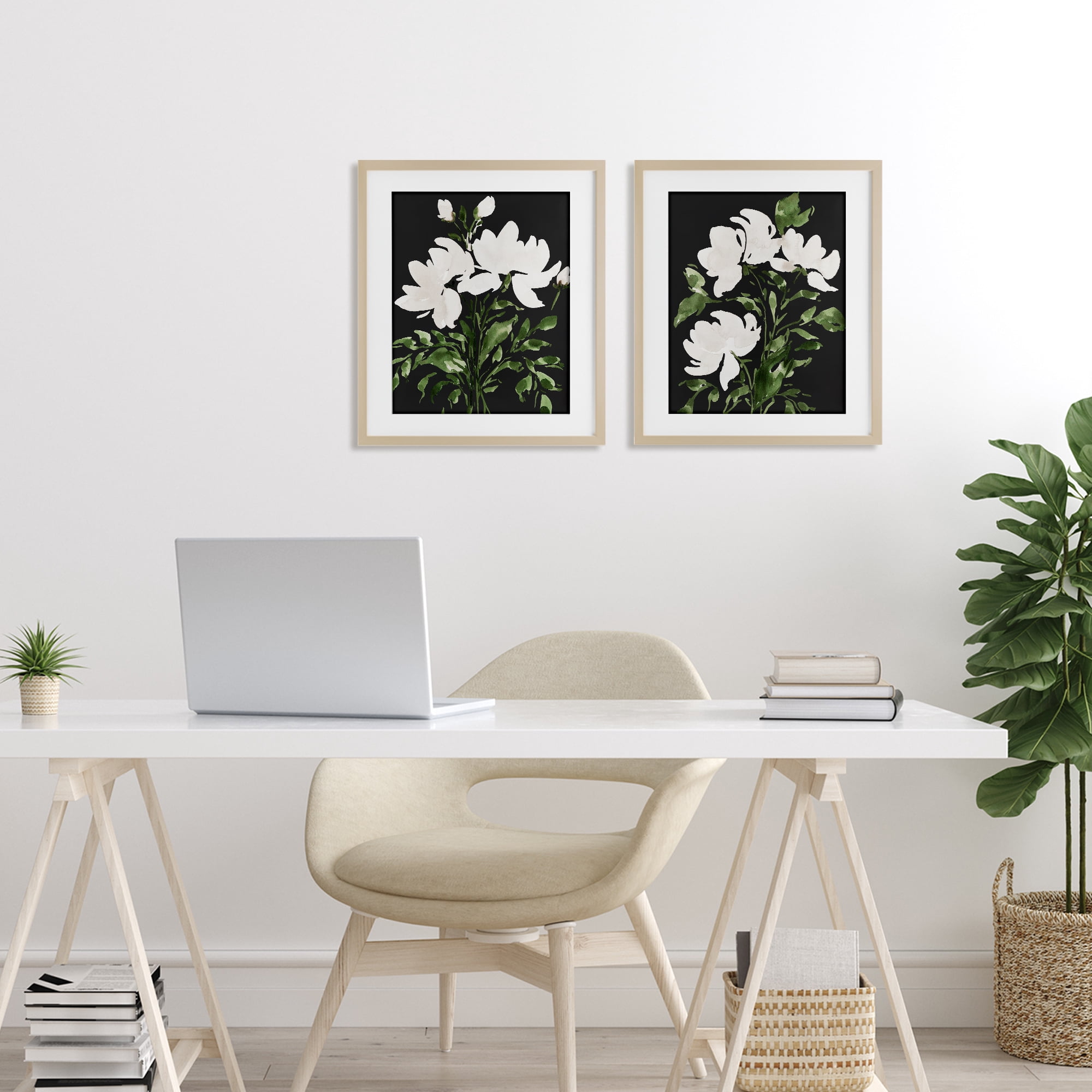 Stupell Industries White On Black Blooms 2 Piece Birch Framed Print Under Glass Set, design by Lucille Price