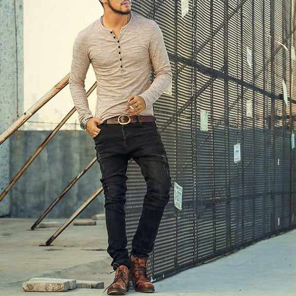 Tejiojio Spring Mens Essential Tops on Super Soft Cotton Performance Men Autumn Casual Long Sleeve Henry Collar Button Slim T-Shirt Top Blouse