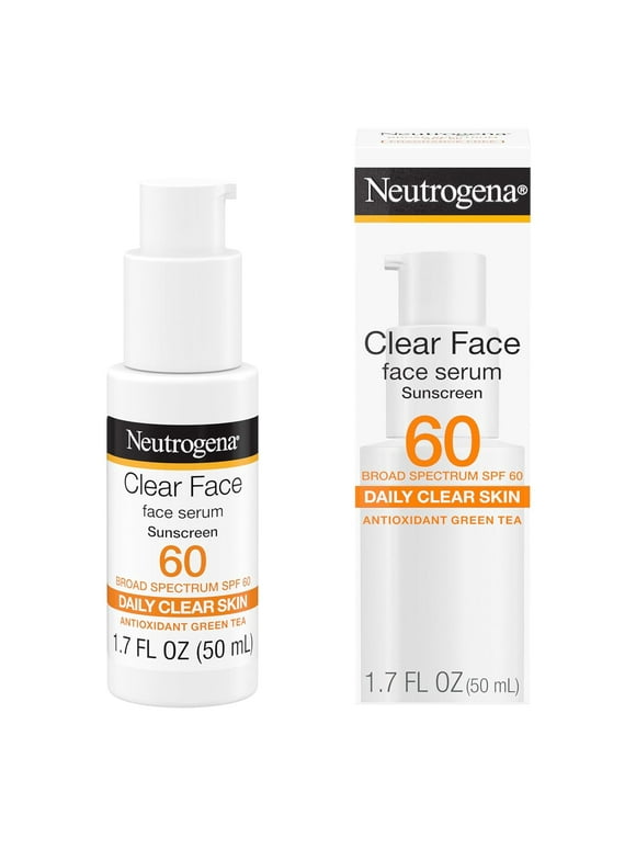 Neutrogena Clear Face Serum Sunscreen with Green Tea, Broad Spectrum SPF 60+, Non-Comedogenic Face Sunscreen for Lightweight UVA/UVB Protection, Oxybenzone- and Fragrance-Free, 1.7 fl. oz
