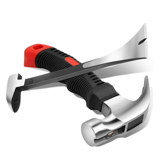 6.5" Compact Fiberglass Handle Hammer & 8" Multipurpose Pry Bar with Holster, 1 Tool Set, Red/Black