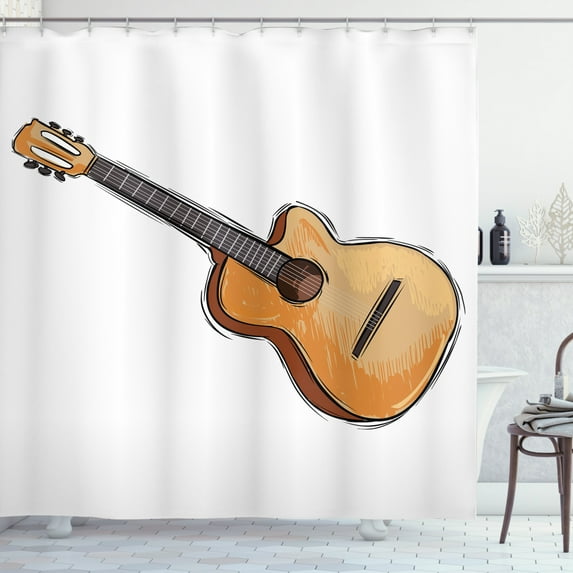 Guitar Shower Curtain, Graphic Image of a Single Musical Instrument on a Plain Background, Fabric Bathroom Set with Hooks, 69W X 70L Inches, Pale Vermilion Grey White, by Ambesonne