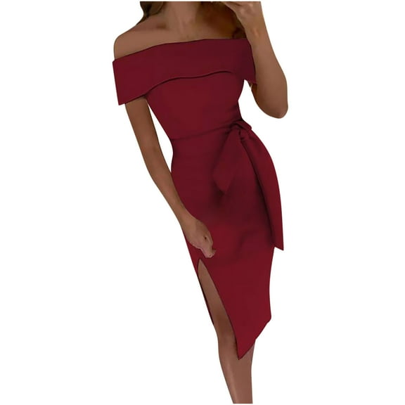 Efsteb Cocktail Dresses for Women Evening Party Short Sleeve Dress Trendy Casual Classic Solid Color Party Dress Off Shoulder Summer Bandage Split Dresses Red XXL