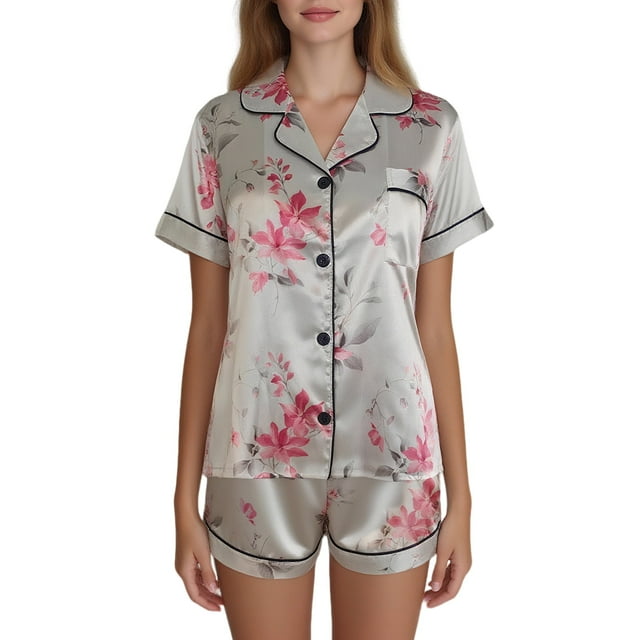 HITIME Pijama de Satín para Mujer Talla XL, Conjunto de Short y Playera de Verano, Tela de Lujo Suave y Transpirable, Ideal para Dormir o Lounge