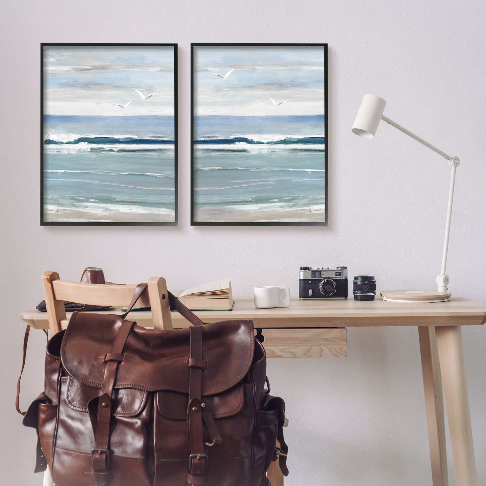 Stupell Industries Seagulls over Beach Waves Landscape Painting Black Framed Art Print Wall Art, 24 x 30, Set of 2