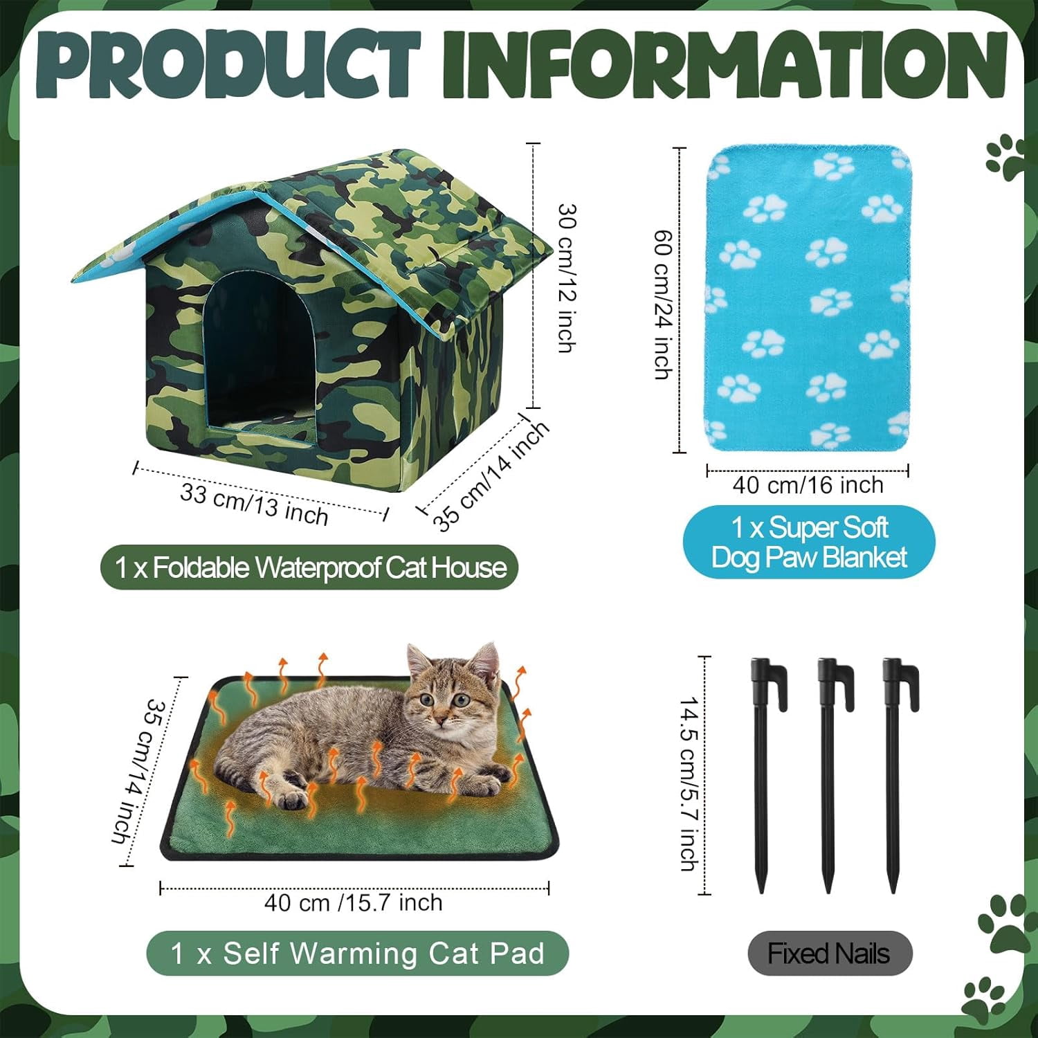 16" x 15" x 14 Outdoor Cat House for Winter Weatherproof Feral Pet Shelter for Cats Dog Collapsible Outside Green Camouflage Pet House with Self Warming Pad Blanket 3 Tent Stake(M Size)