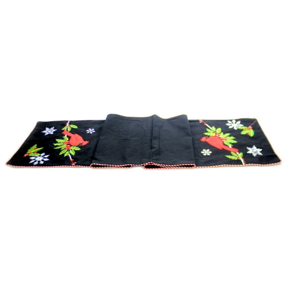 Christmas Black Table Runner W/Cardinal Cotton Embroidered Snowflakes 53127D