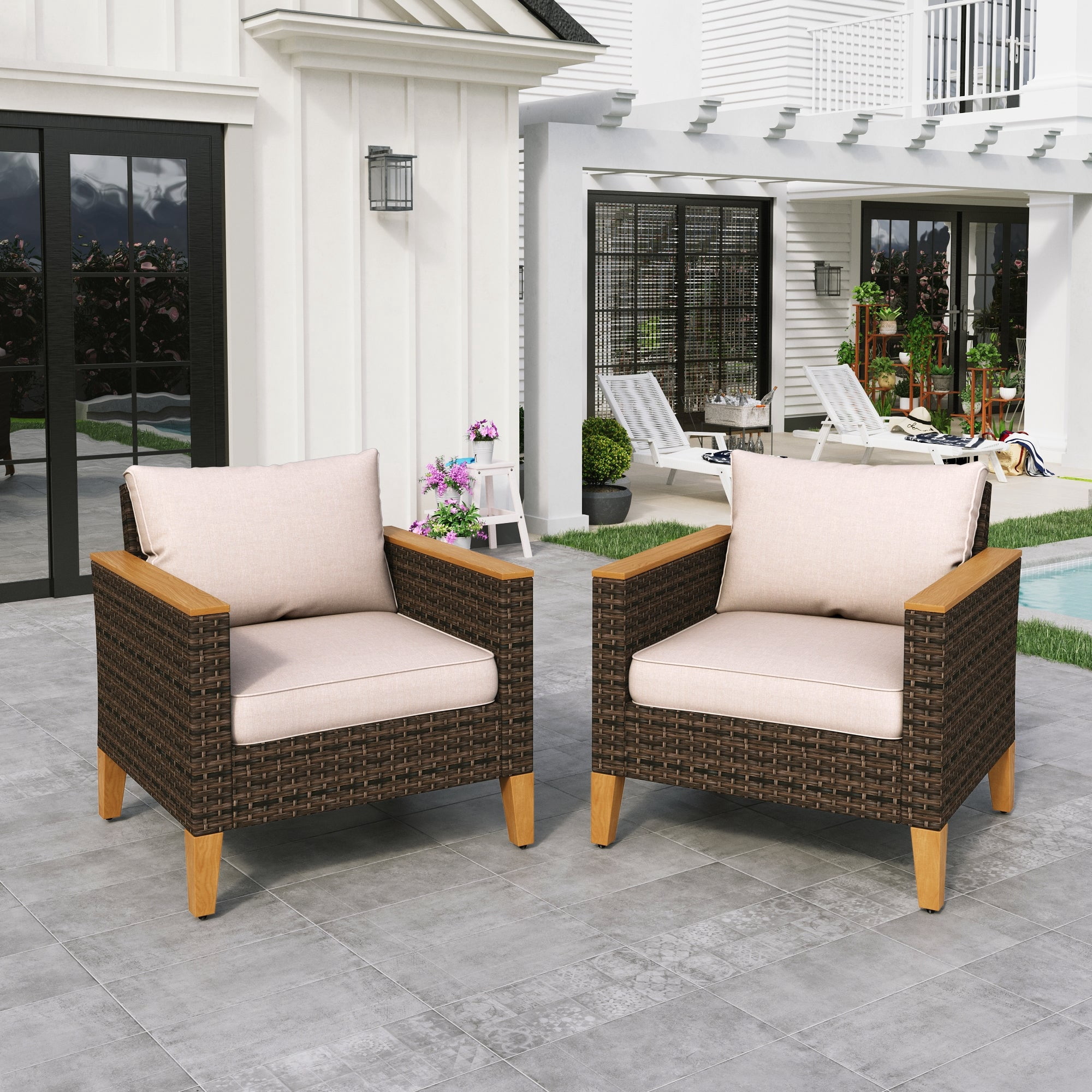 Sophia & William Wicker Patio Conversation Sofa Chairs Set of 2, Beige