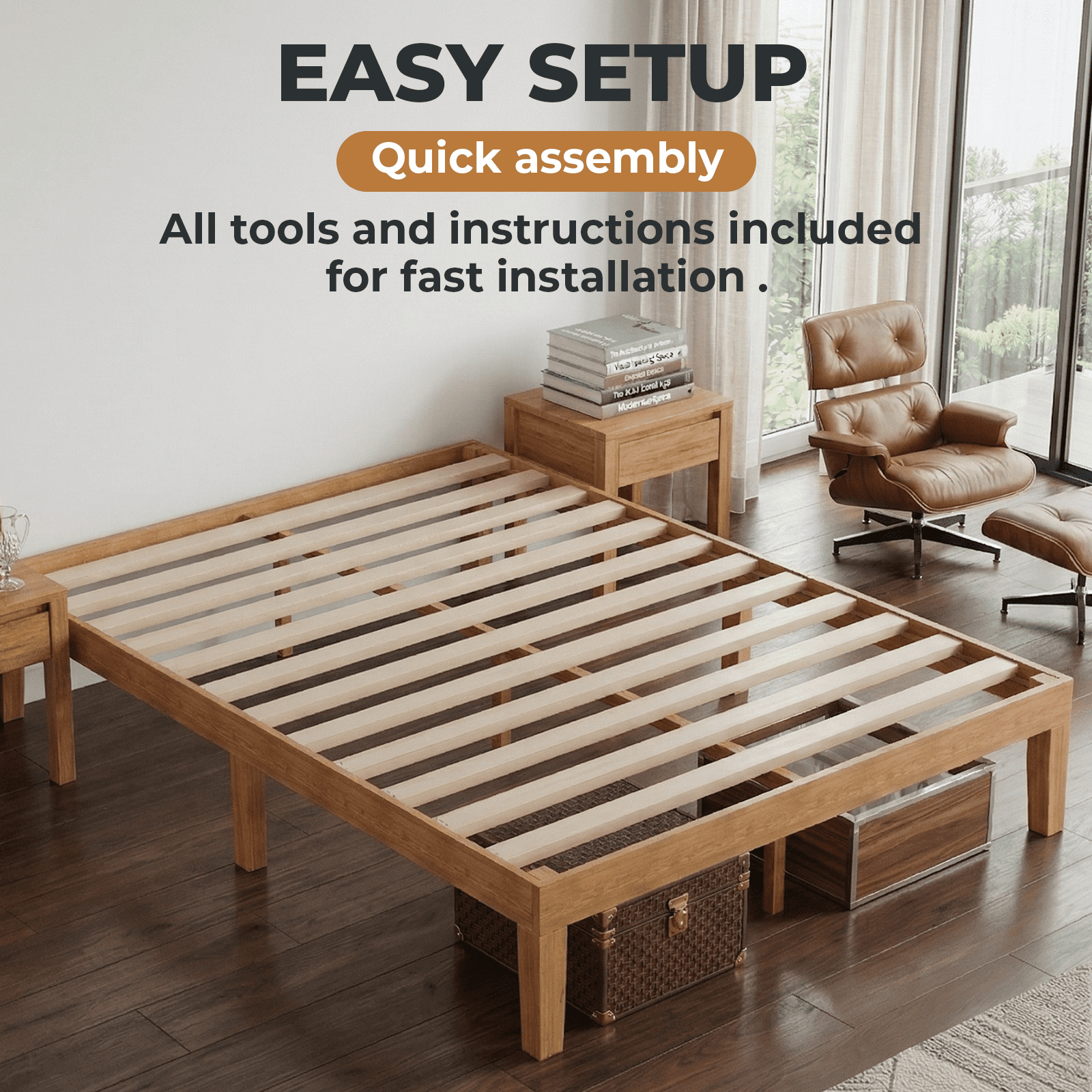 Alvantor Solid Wood Platform Bed Frame, Natural Pine, No Box Spring Needed, Underbed Storage – Twin, Full, Queen, King