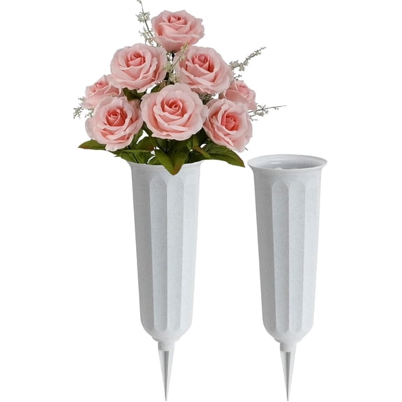 Minzimin 2 Pack Plastic Cemetery Vase with Ground Spike – 9.75" x 3" Outdoor Grave Flower Holder – Granite Memorial Floral Container