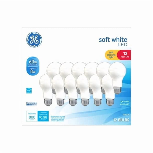 Bombillas LED GE de 8 W (equivalentes a 60 W), color blanco suave, A19, paquete de 12