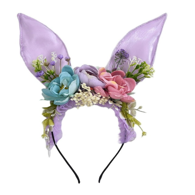 Diadema con orejas de conejo y flores artificiales para fiestas. Púrpura