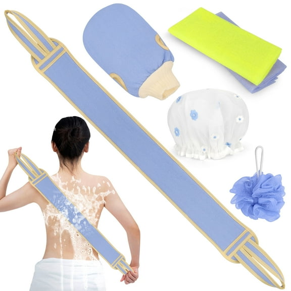 6Pcs Bath Scrubber Set for Women Men Shower - Bath Pouf, Back Scrubber, Bath Mitt, Shower Cap, 2 Nylon Towels