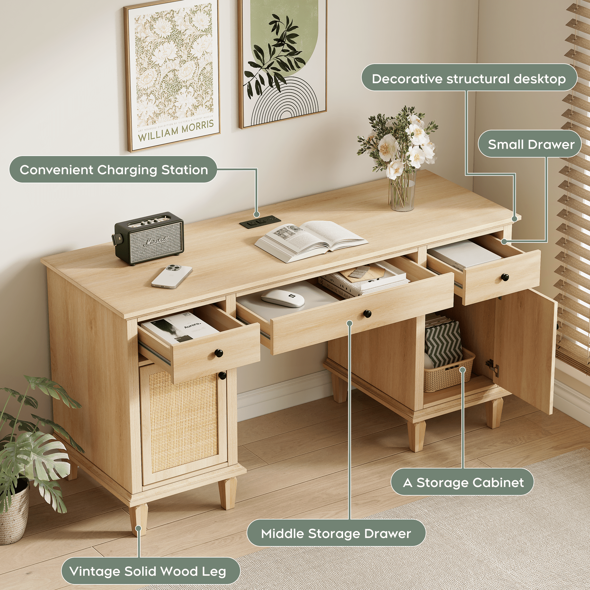 Brafab 3-Drawer Rattan Writing Desk with Storage Shelf & Power Outlets,Computer Desk with 5 Drawers and File Cabinet for Storage Home Office Desks,58.2 x 20.8 in