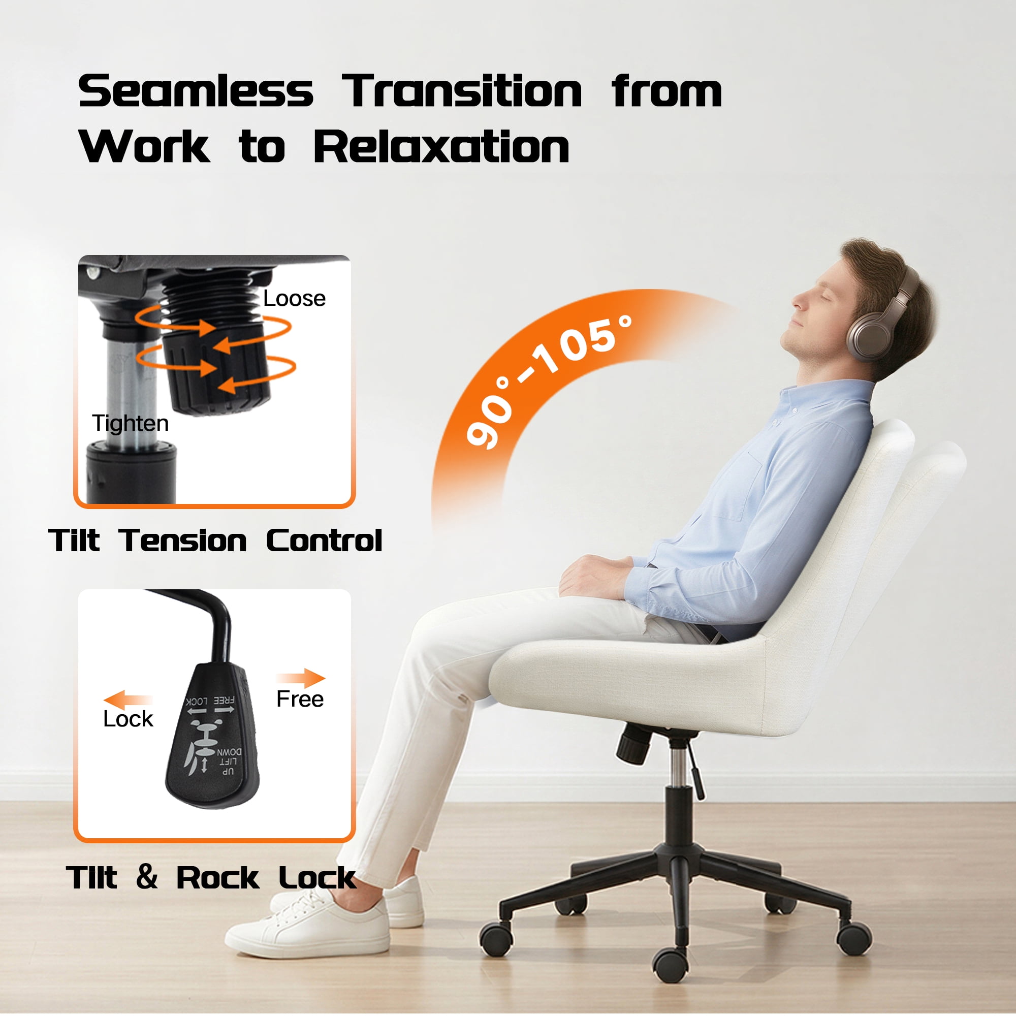 Armless Desk Chair with Wheels, Adjustable Swivel Fabric Makeup Chair, Comfortable Home Office Task Computer Chair, Beige