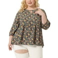 thumbnail image 1 of GRACE & GRANDEUR Women's Plus Size Tops Babydoll Keyhole Ruffle 3/4 Sleeve Floral Blouses 2X Navy Blue, 1 of 6
