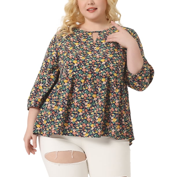 Blusas de flores con volantes y llavero para mujeres de tallas grandes Agnes Orinda, 3/4 de manga, Día de la Madre, 3X, azul marino