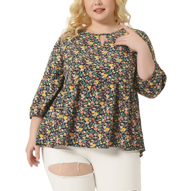 GRACE & GRANDEUR Women's Plus Size Tops Babydoll Keyhole Ruffle 3/4 Sleeve Floral Blouses 2X Navy Blue