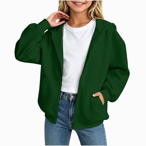 Gubotare Girls Zip Up Hoodie Kids Fashion Oversized Sweatshirt Jacket With Pockets Lightweight Preppy Sweatshirts 5-14 Years (Dark Green, 9-10 Years)