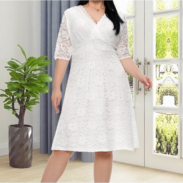 Gspmoly Robe pour Femmes, Robe Aguichant de Mode en Dentelle à Col en V pour Femmes Grande Taille avec Robe à Manches Mi-Longues, Robes de Soirée pour Femmes jusqu'à 60 % de Rabais
