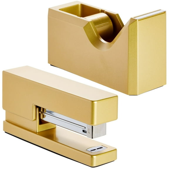 2 Piece Matte Gold Stapler and Tape Dispenser Set for Home Office Decor, Classroom Supplies, Desk Accessories for Dorm Room, Students, Teachers, Office Organization
