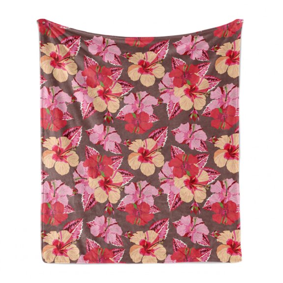 Flowers Soft Flannel Fleece Blanket, Floral Theme Botanical Illustration Along Natural Tropical Pinkish Blossoms Pattern, Cozy Plush for Indoor and Outdoor Use, 60" x 80", Multicolor, by Ambesonne