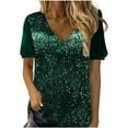 thumbnail image 2 of lcziwo Evening Tops for Women Casual V Neck Short Sleeve Velvet Shirts Dressy Elegant Party Night Blouses Fashion Sparkly Glitter Sequin Cocktail Outfit,Green,S, 2 of 7