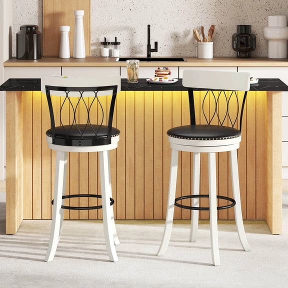 Auranook Bar Stools Set of 2, 30" Seat Height Swivel Barstools, Soft Cushion & Footrest, Rubber Wood Counter Height Bar Chairs