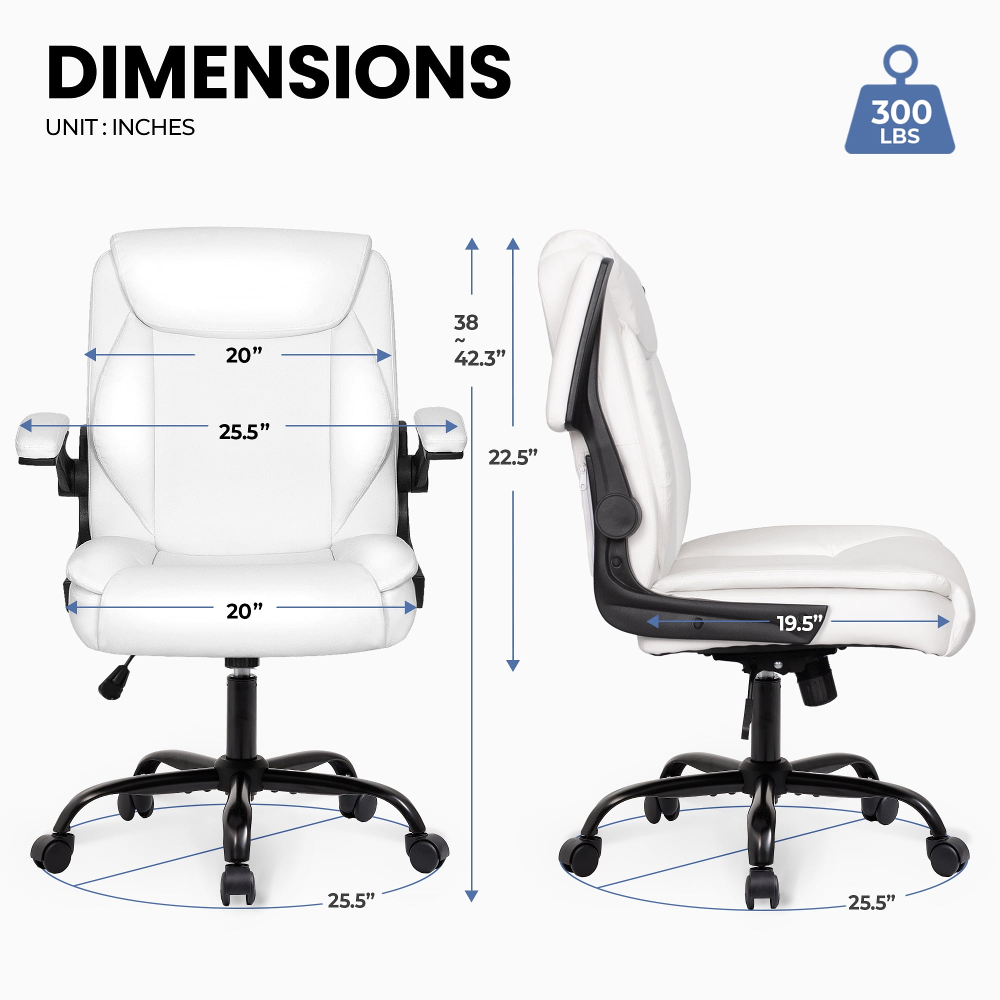 CELTOSS Leather Office Chair, Ergonomic White Executive Chair with Padded Flip-Up Armrests, Mid-Back PU Computer Desk Chair, White