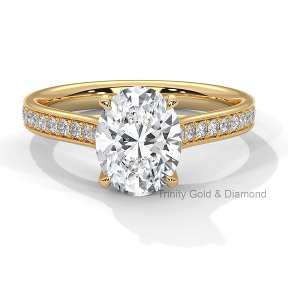 True Elegant 2CT Moissanite Ring Oval Cut Wedding Ring, Colorless Halo Solitaire Engagement Ring Women 14K Yellow Gold Plated Ring With GRA Certificate, Prong Set Gift For Her