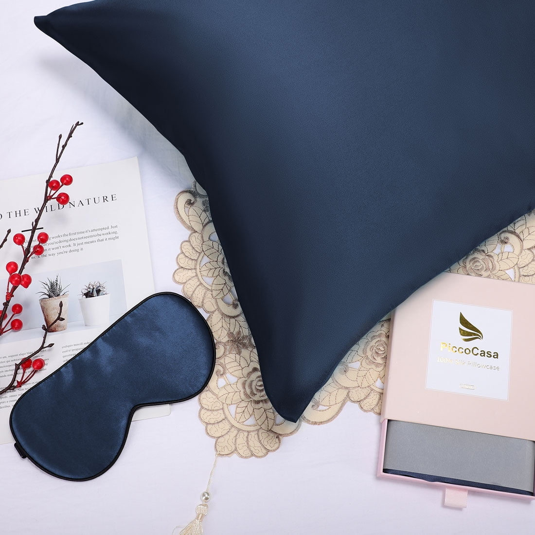 Unique Bargains 2-Pack Silk Pillowcase Eye Cover Set Navy Blue Queen