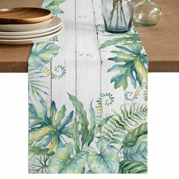Tropical Leaves Table Runner 72 Inches, Green Monstera Palm Leaves Summer Wood Gray Bed Runner Dresser Scarves Tabletop for Indoor Outdoor Parties/Ceremony/Banquet, 13" x 72"