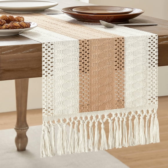 Camino de mesa ZeeMart, estilo macramé, bicolor, 36 x 229 cm, beige/marfil